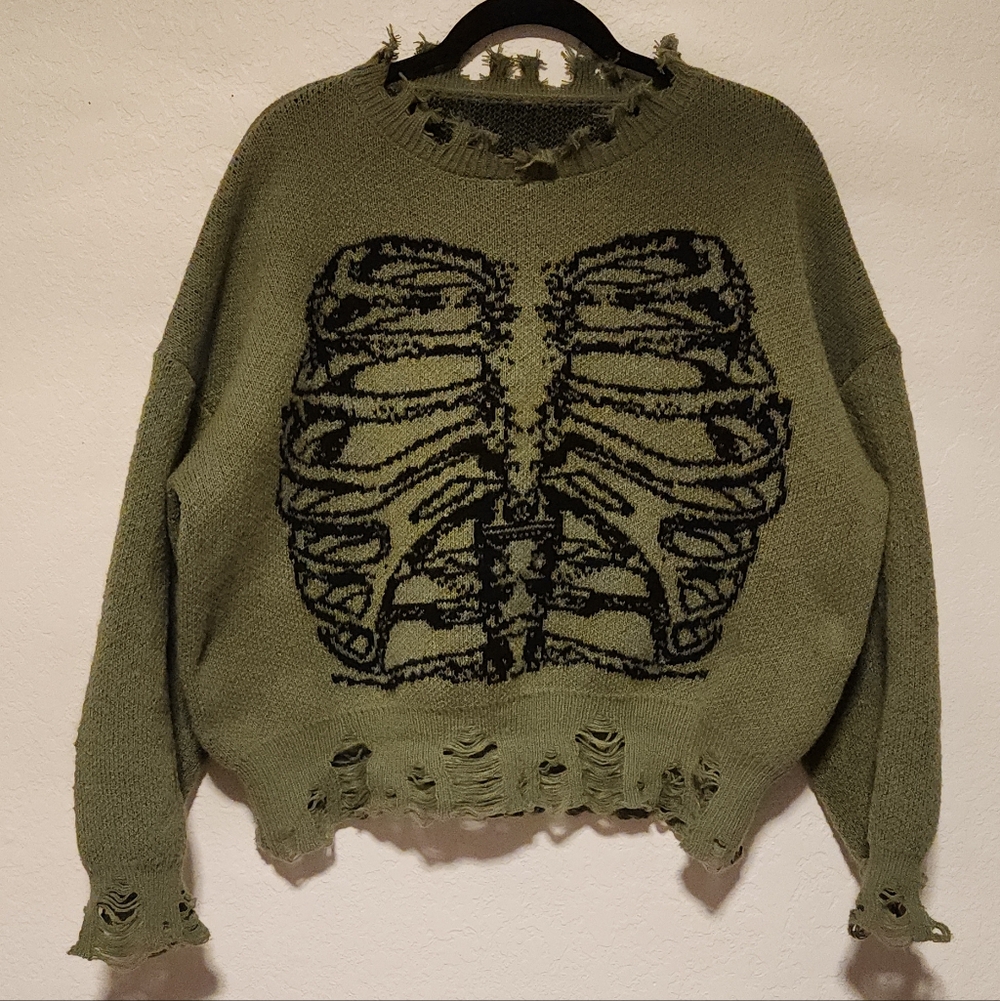 ROMWE Olive Green Distressed Skeleton Knit Sweater